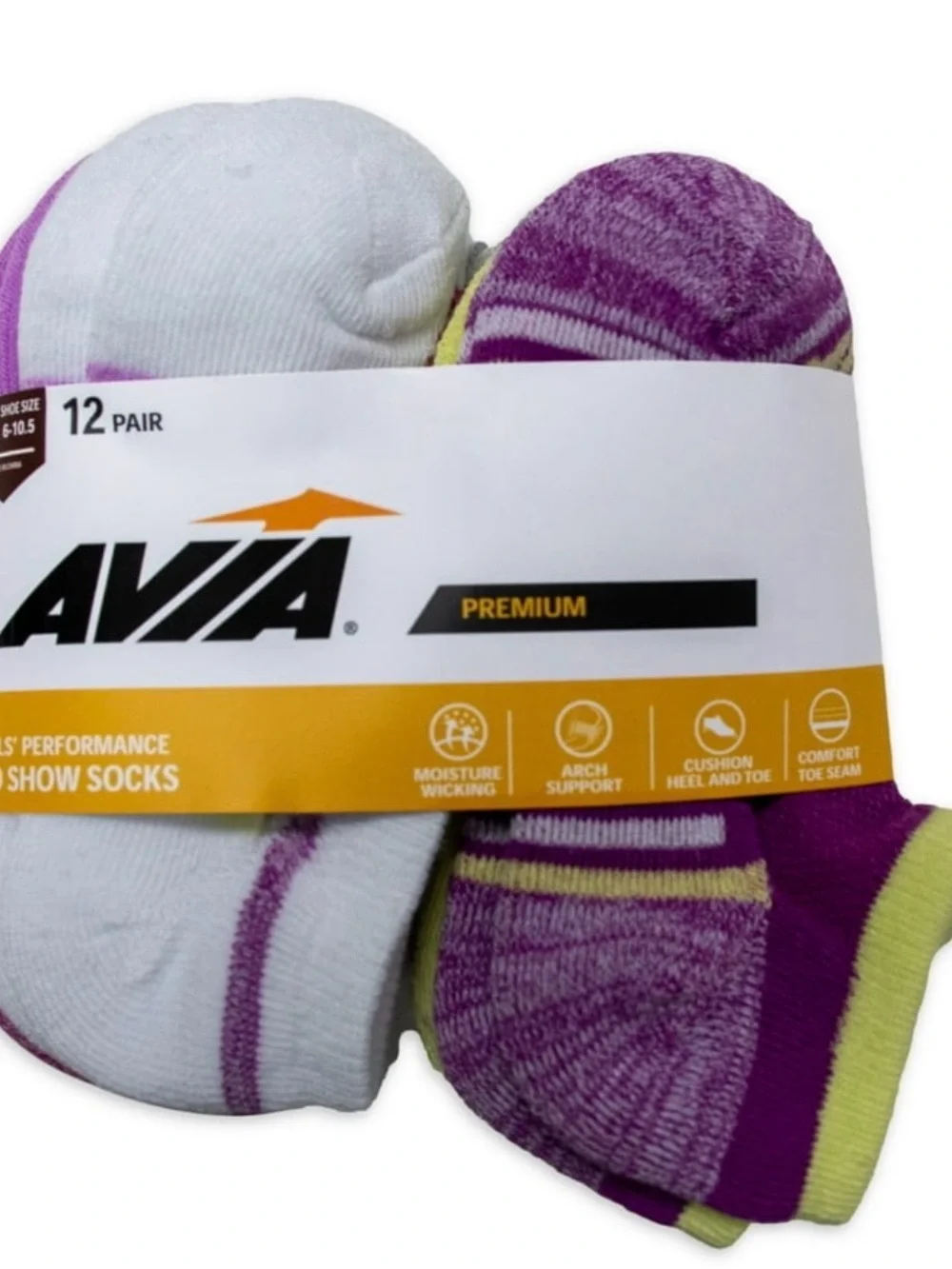 AVIA Girls No-Show Socks - White & Purple - 12 Pair, fits shoe size 6-10.5